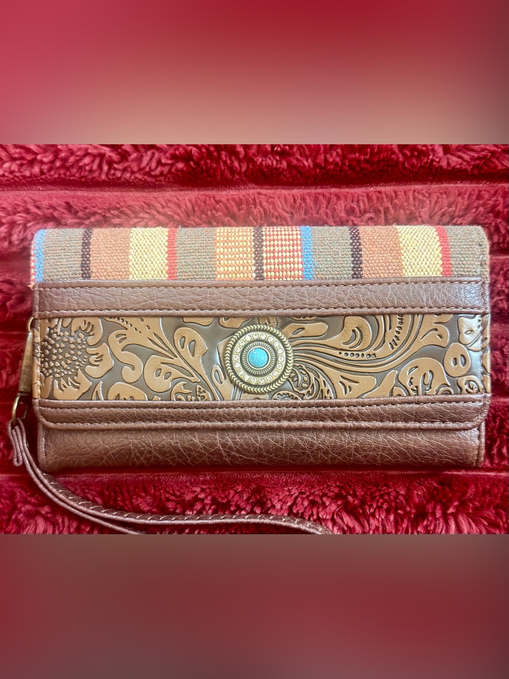 BOHO Brown Tooled Leather Wristlet Clutch with Turquoise Accent